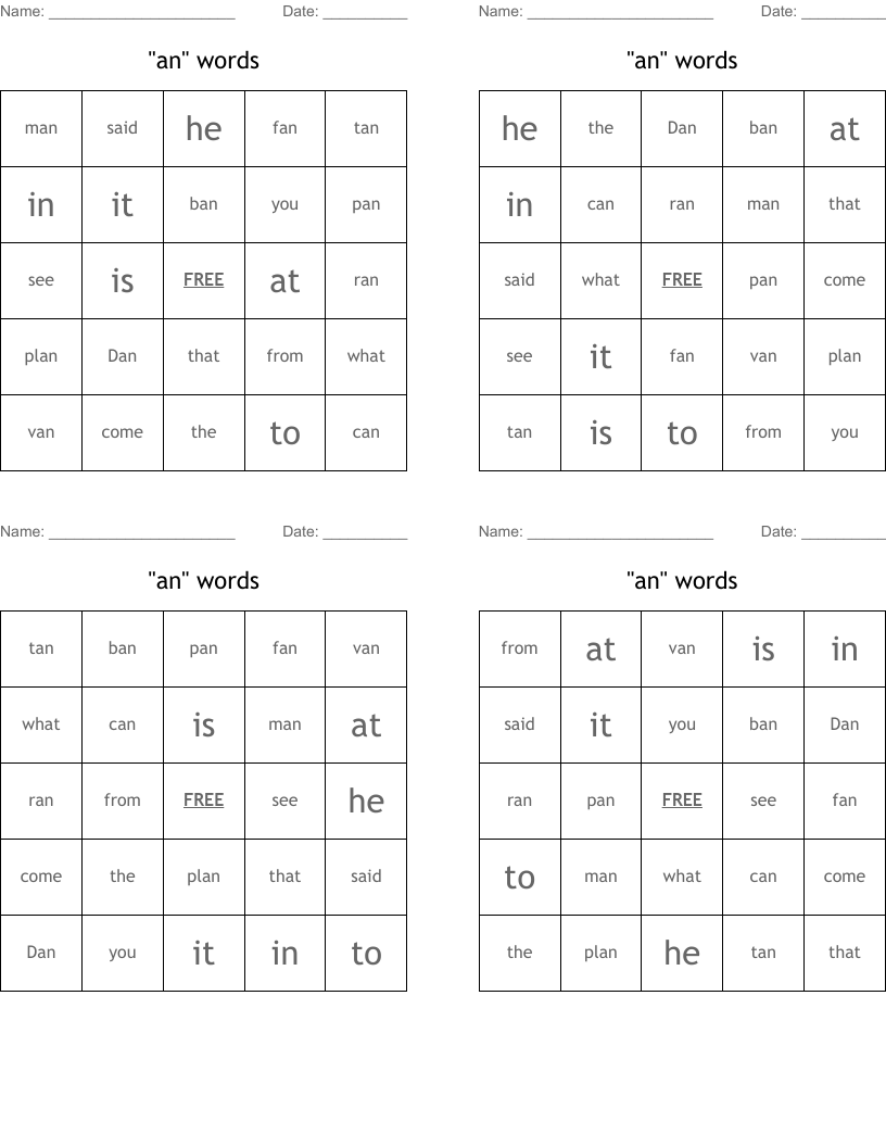 "an" words Bingo Cards