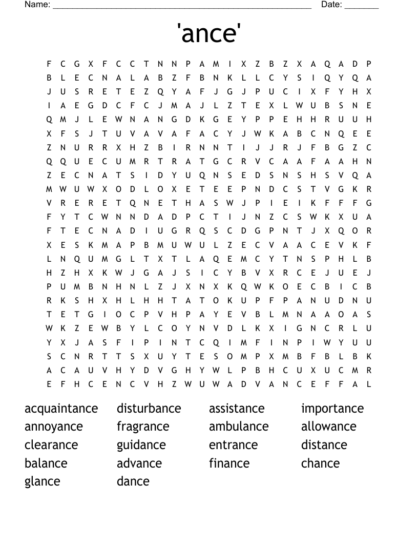 'ance'  Word Search