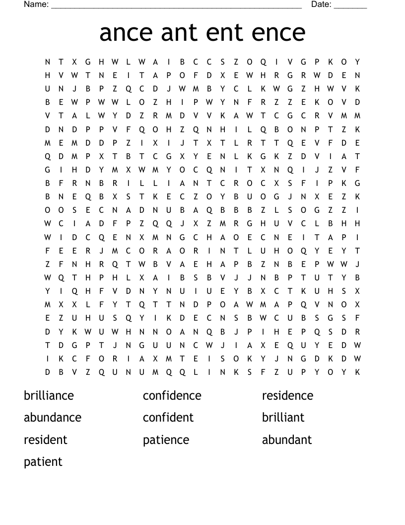 ance ant ent ence Word Search