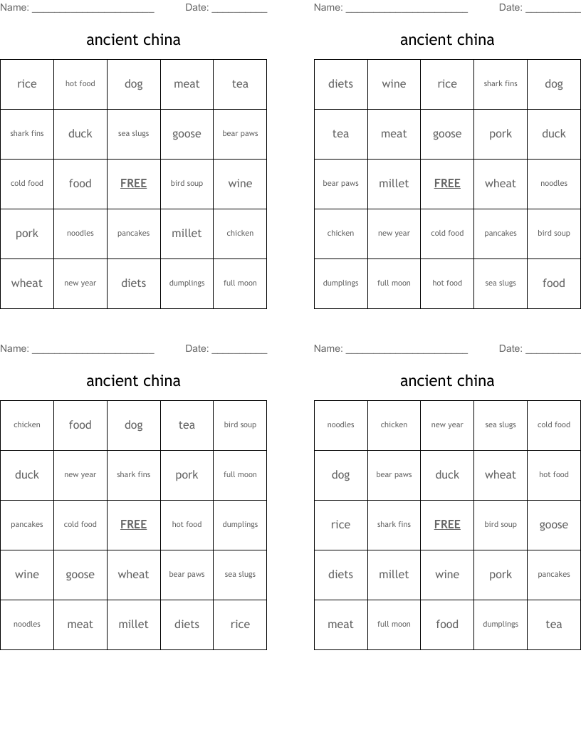 ancient china Bingo Cards