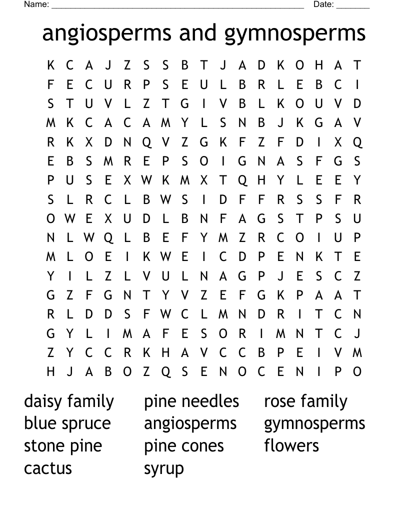 angiosperms and gymnosperms Word Search
