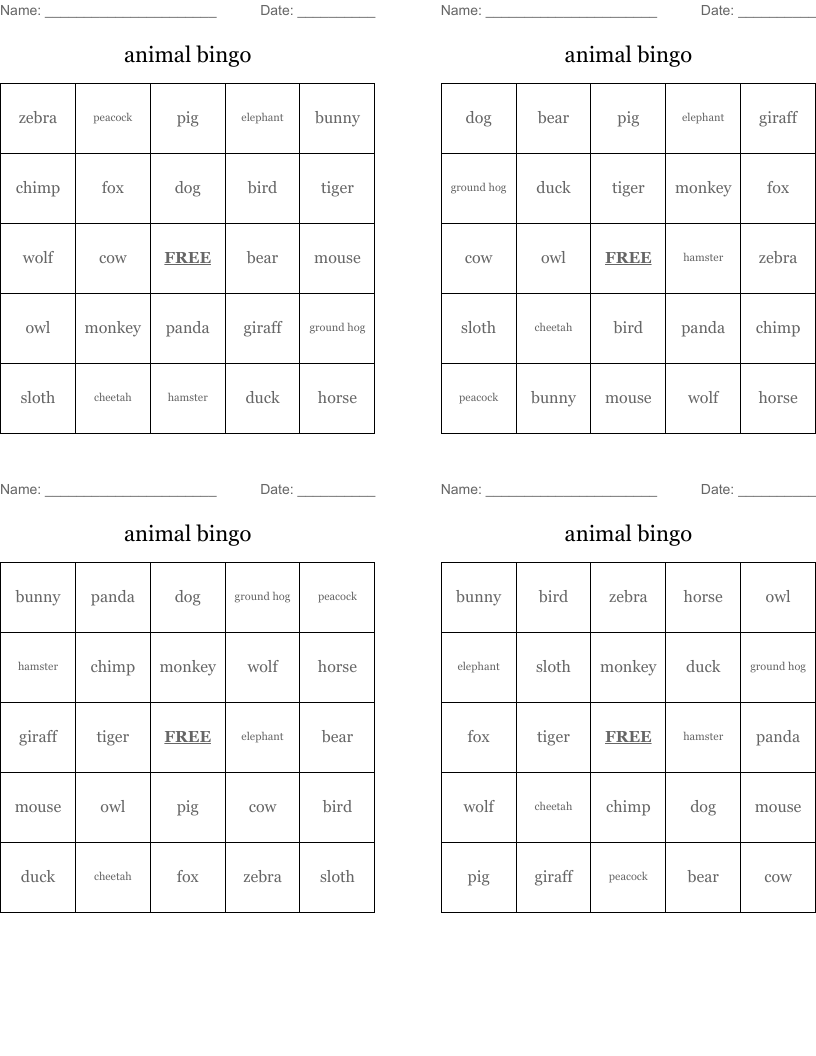 animal bingo