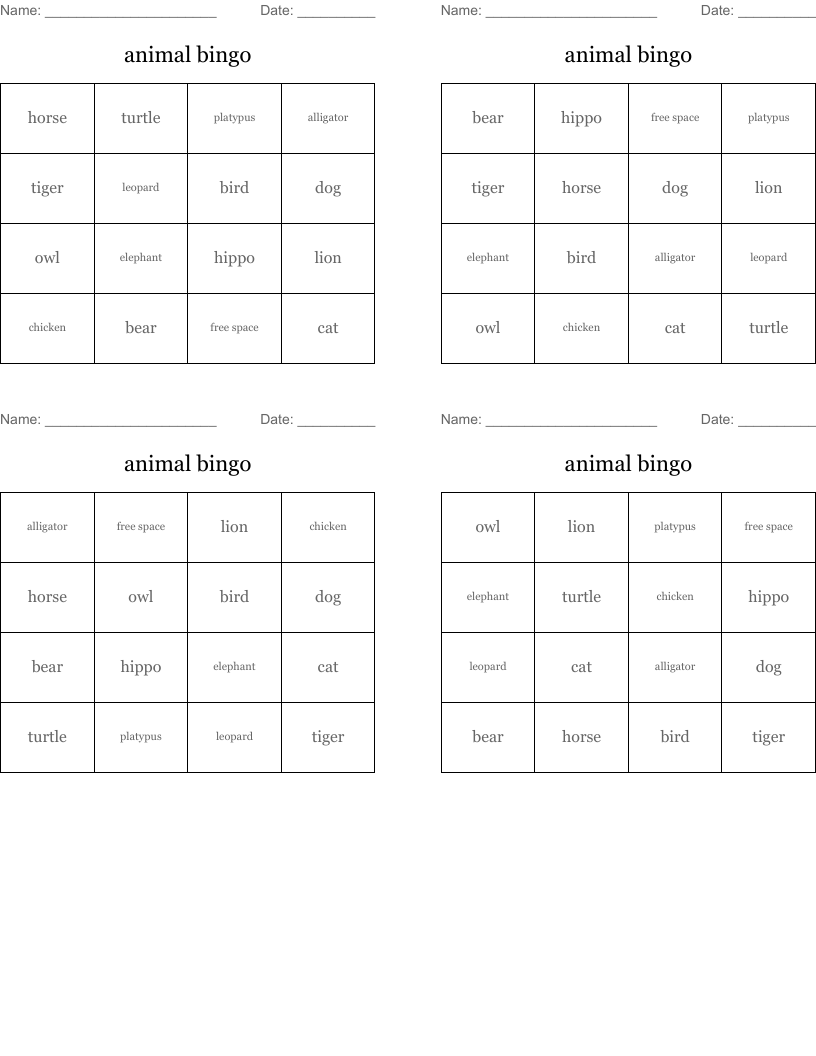animal bingo