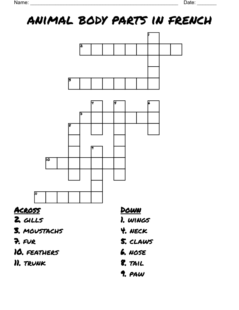 animal body parts in french  Crossword