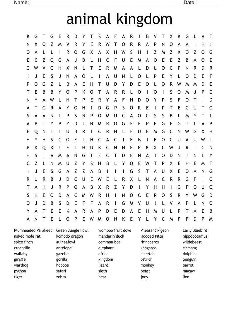 animal kingdom Word Search