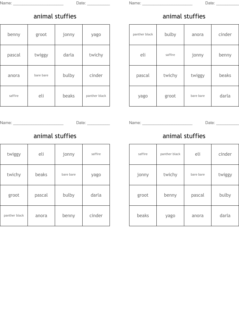 animal stuffies Bingo Cards