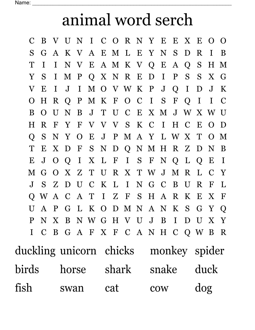 animal word serch Word Search