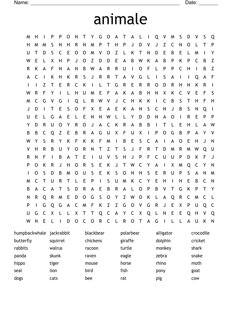 animale Word Search