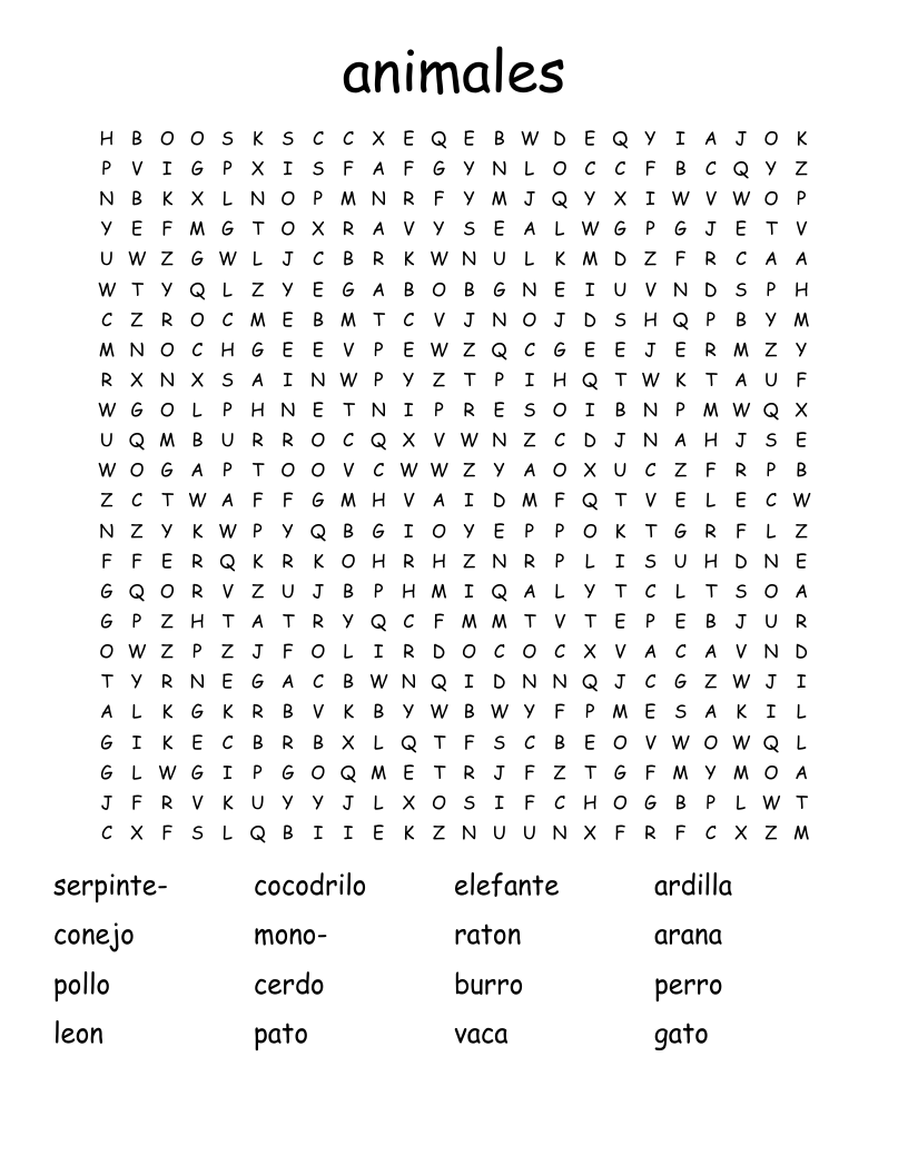 animales Word Search