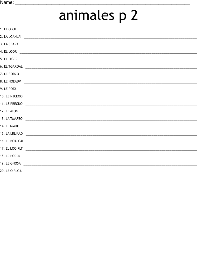 animales p 2 Word Scramble