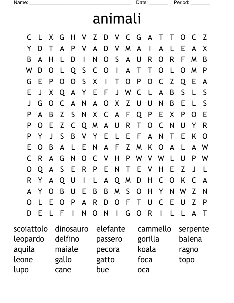 animali Word Search