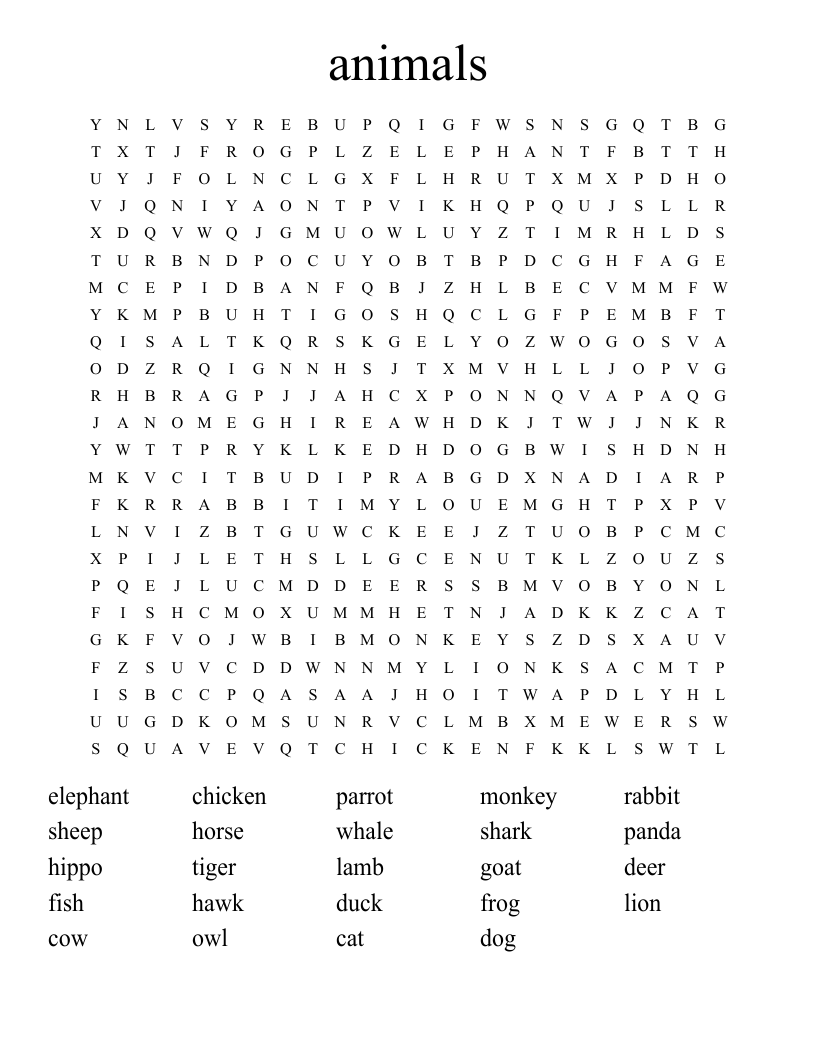 animals Word Search