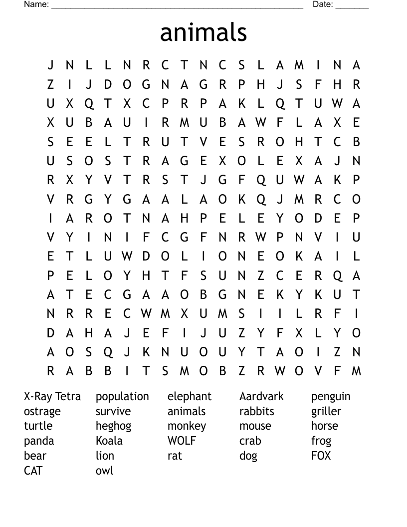 animals Word Search