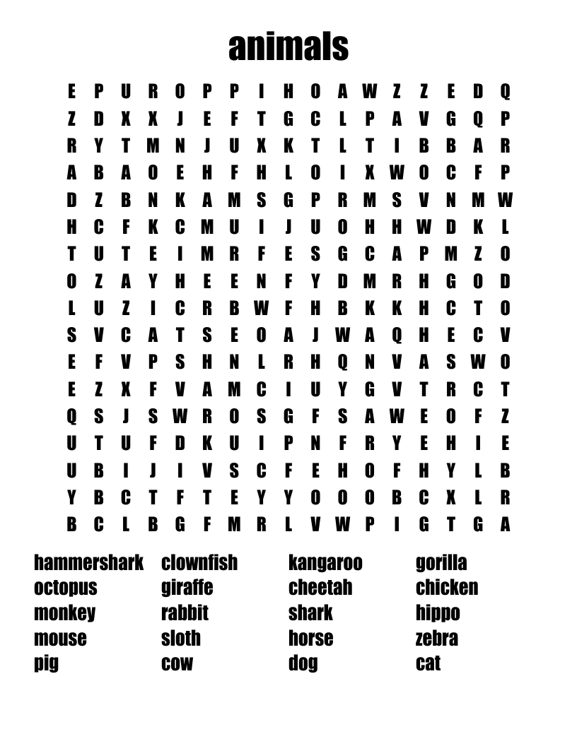 animals Word Search