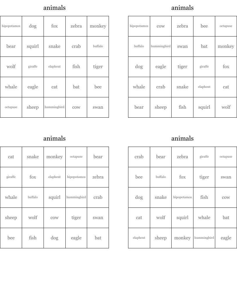 animals Bingo Cards