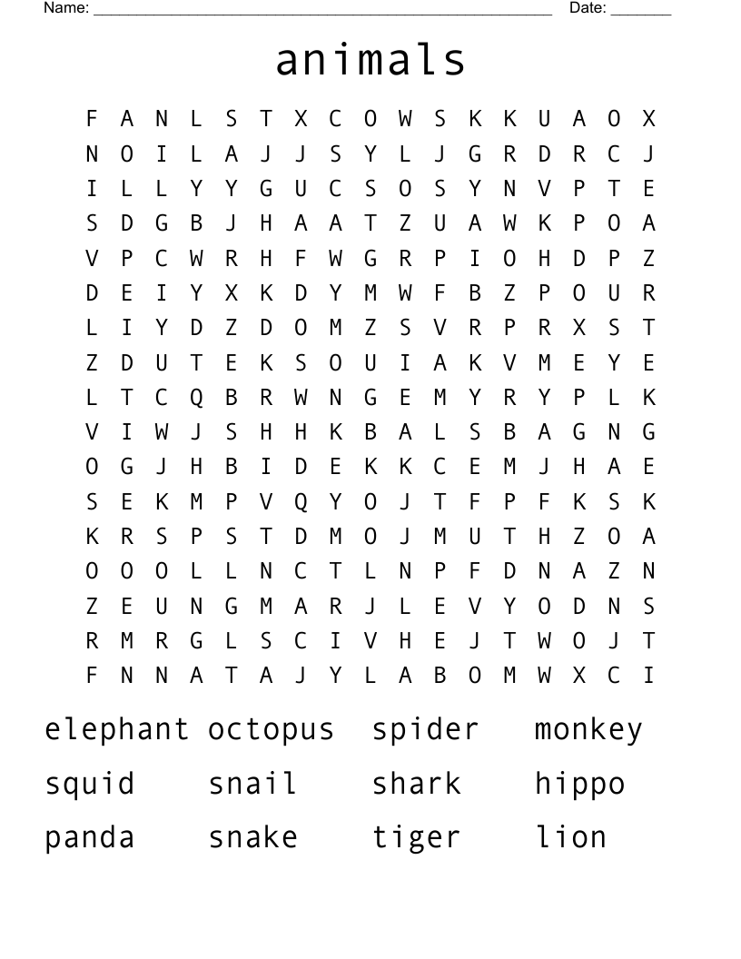animals Word Search