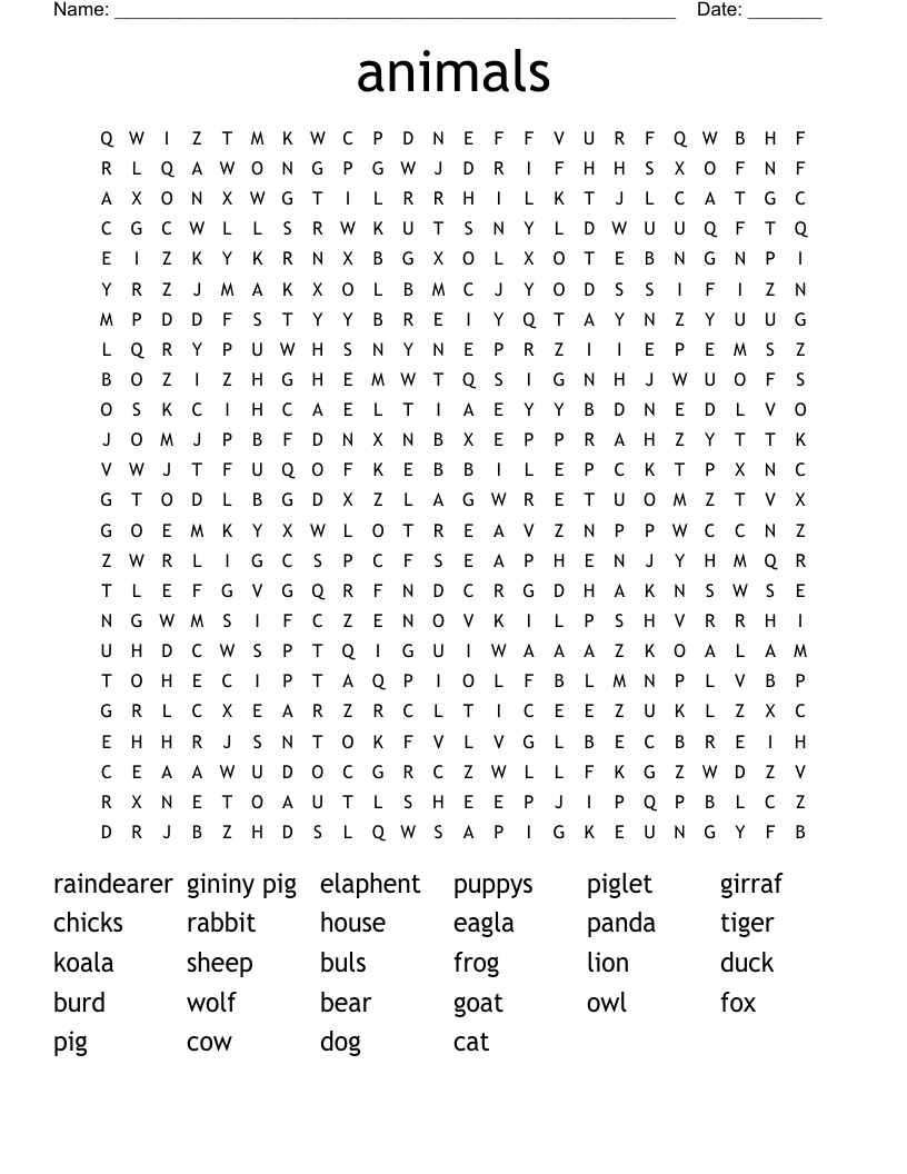 animals Word Search