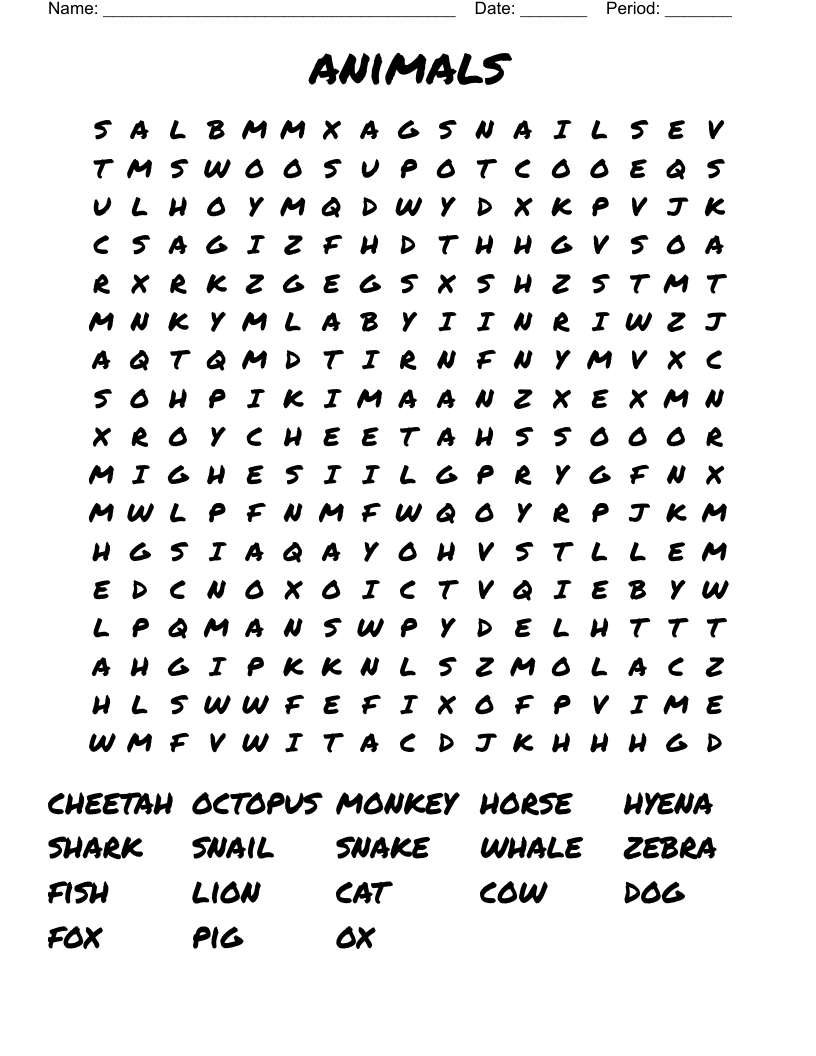 animals Word Search