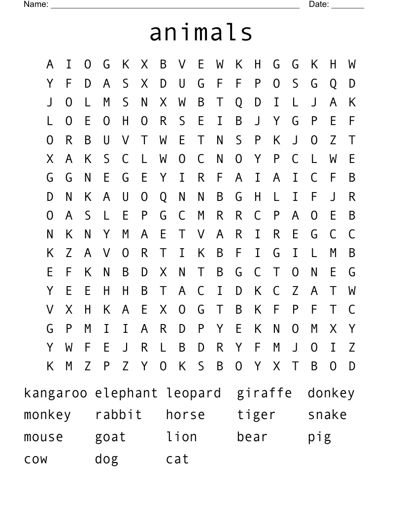 animals Word Search