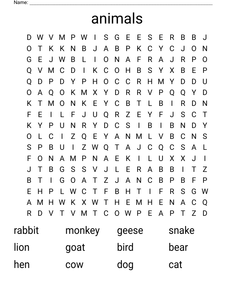 animals Word Search
