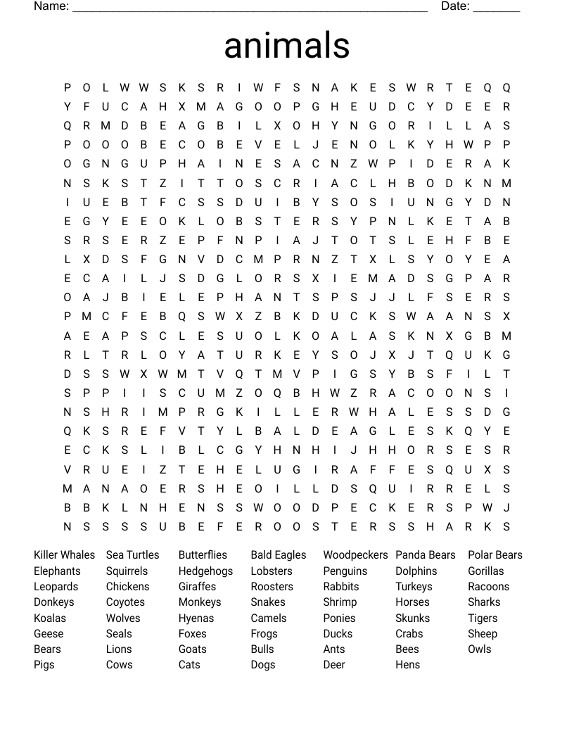 animals Word Search