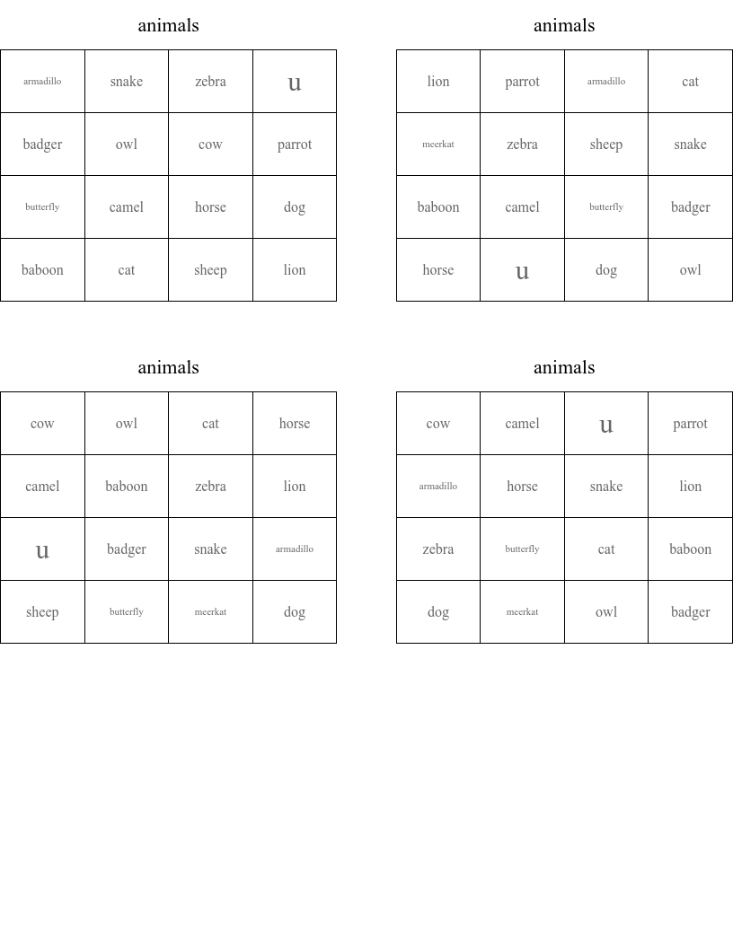 animals Bingo Cards