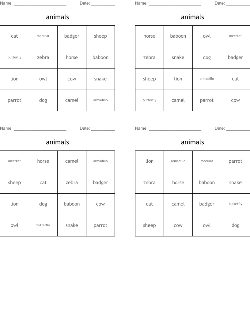 animals Bingo Cards