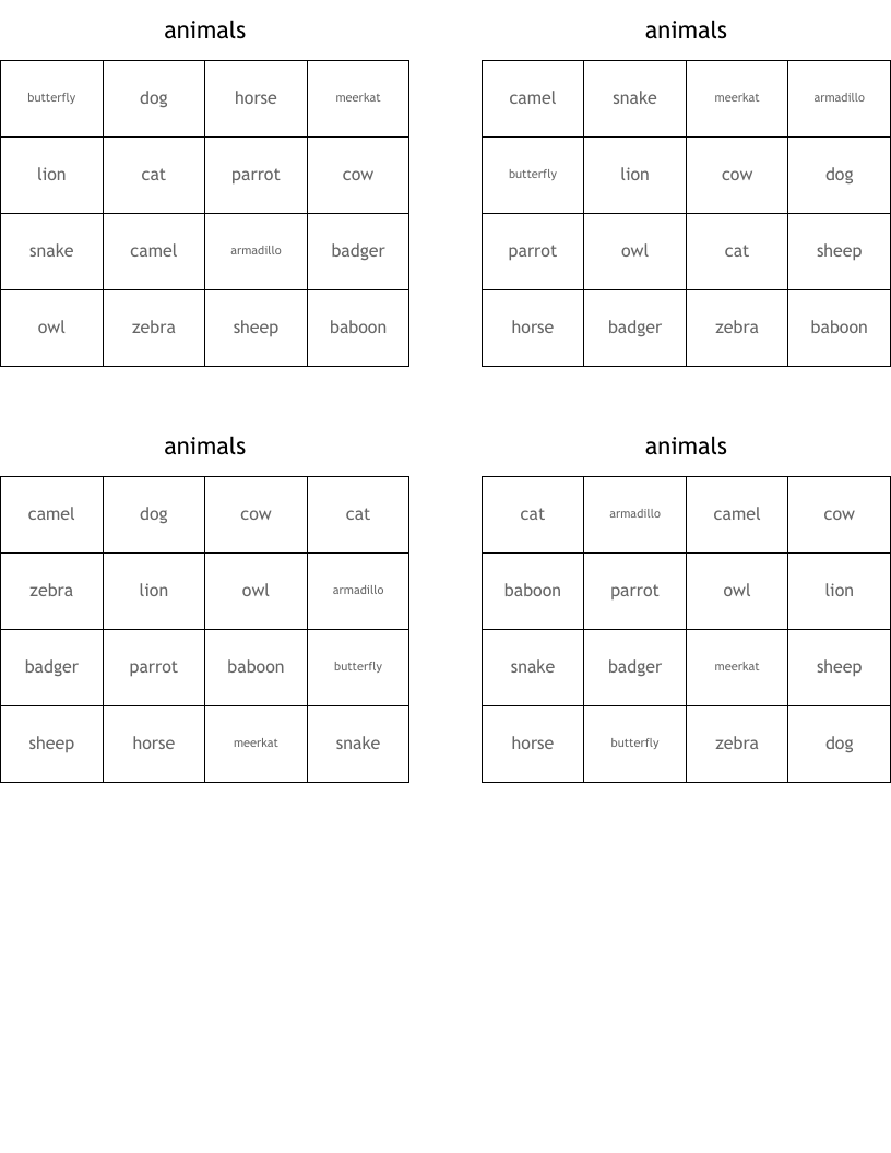 animals Bingo Cards
