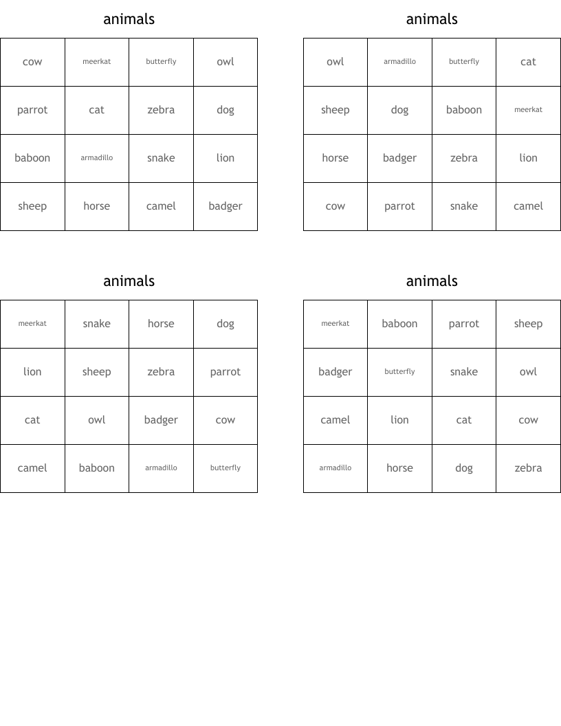 animals Bingo Cards