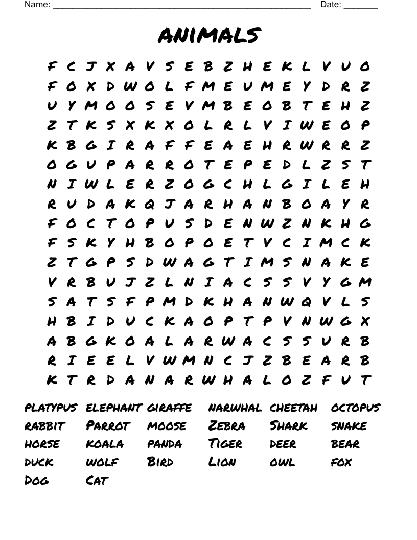 animals Word Search