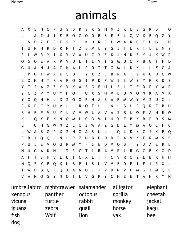 animals Word Search