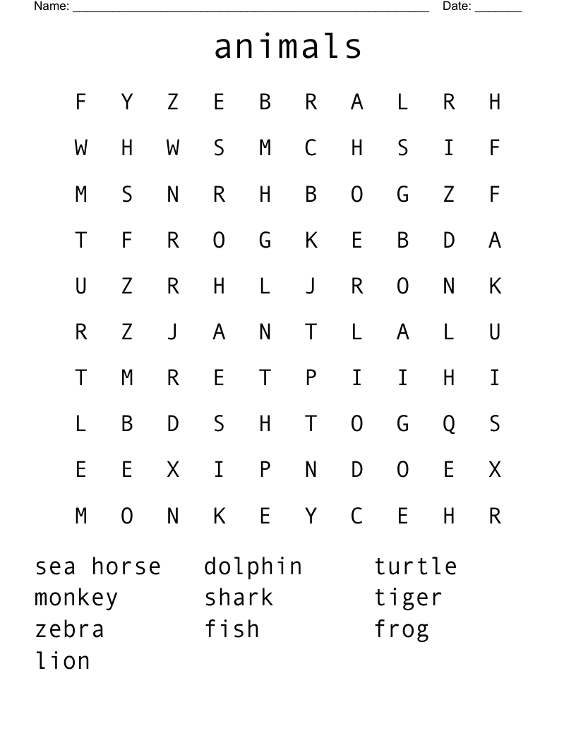 animals Word Search