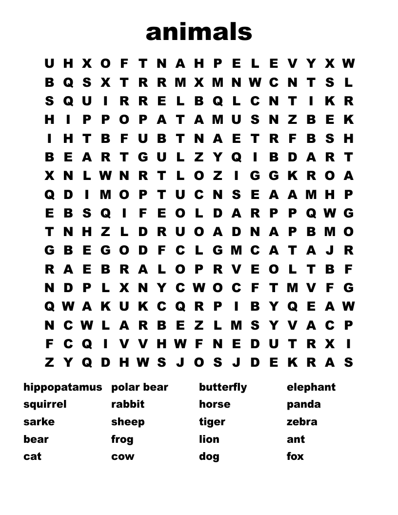 animals Word Search