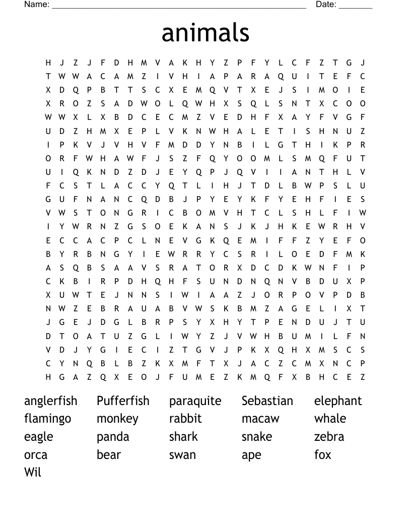 animals Word Search