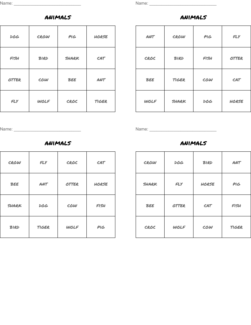 animals Bingo Cards