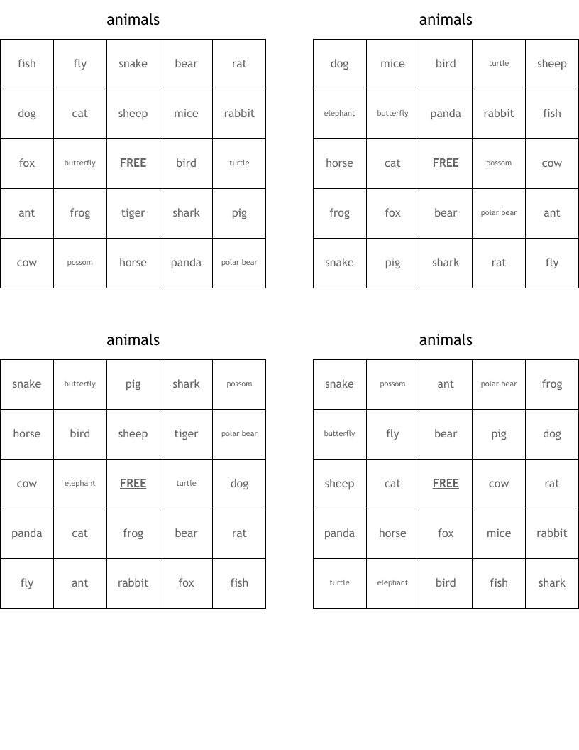 animals Bingo Cards