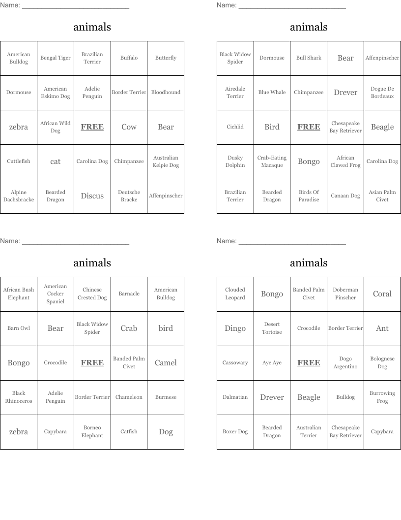 animals Bingo Cards