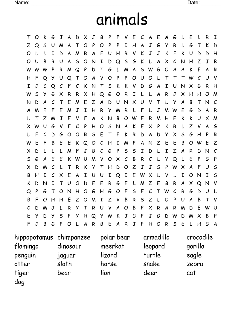 animals Word Search