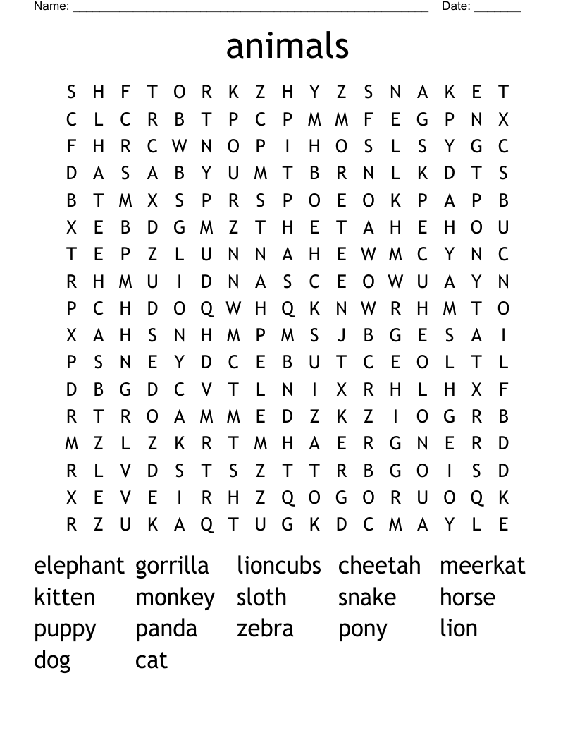 animals Word Search