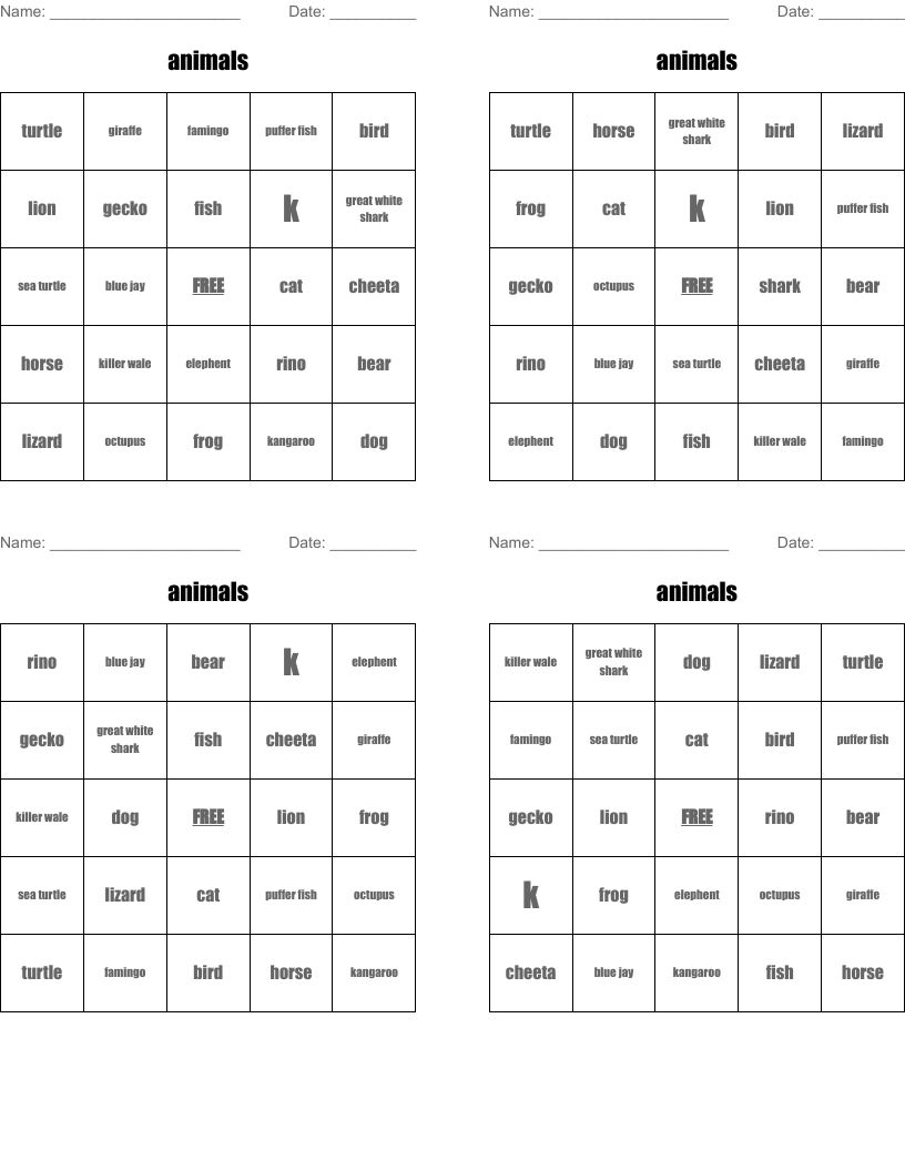 animals Bingo Cards