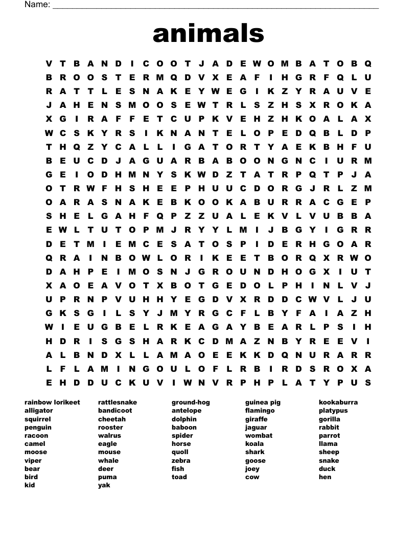 animals Word Search