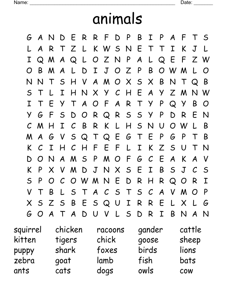 animals Word Search