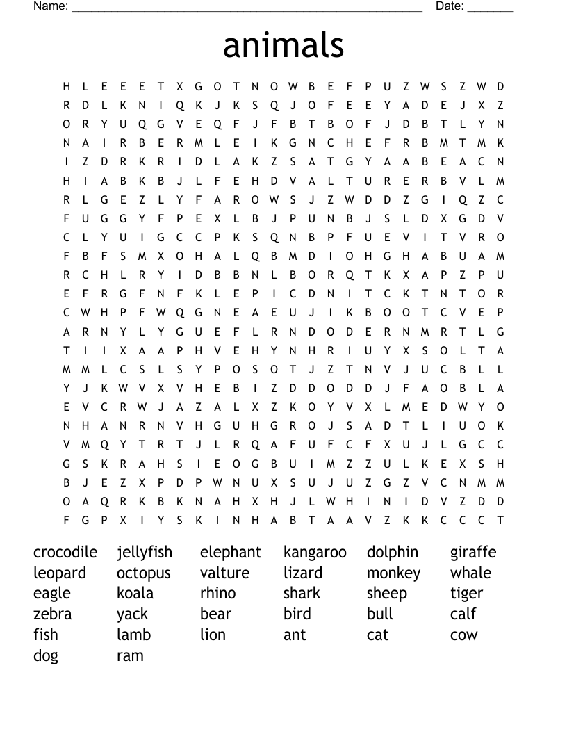 animals Word Search
