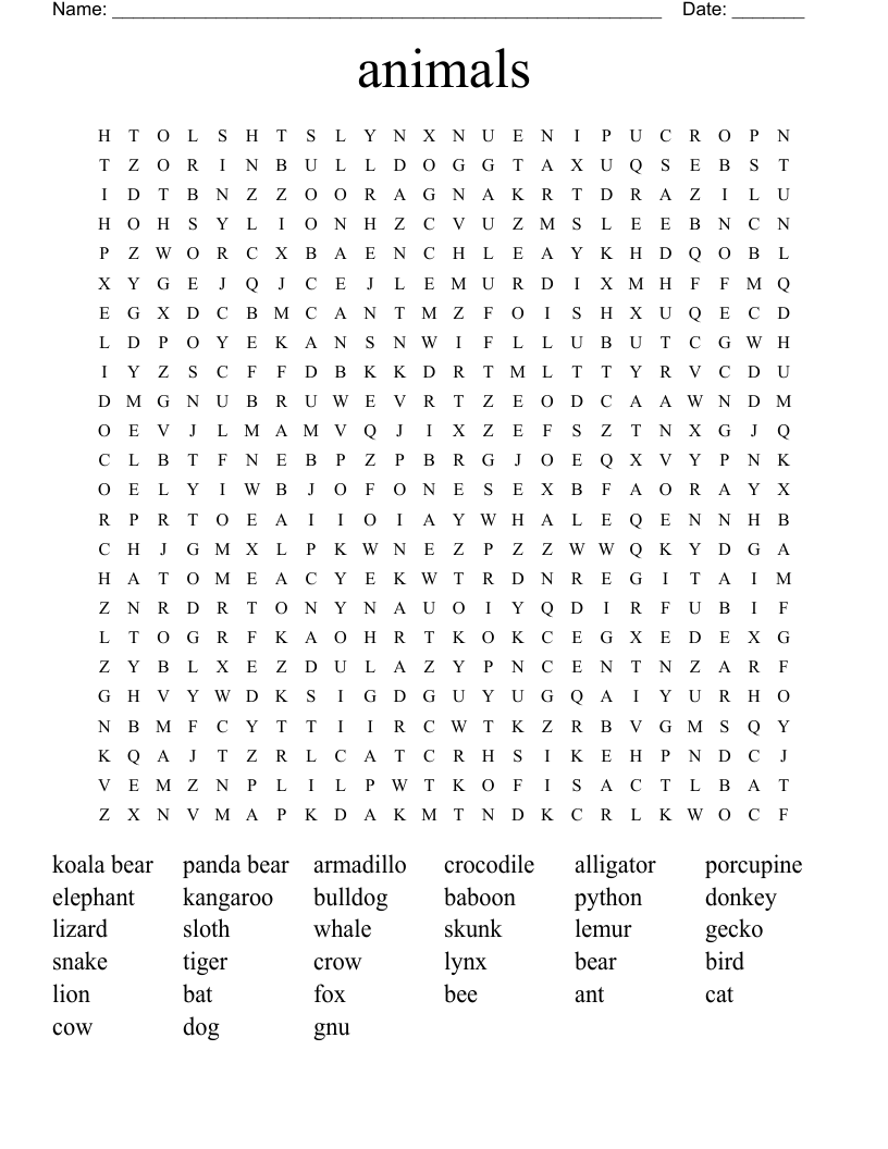 animals Word Search