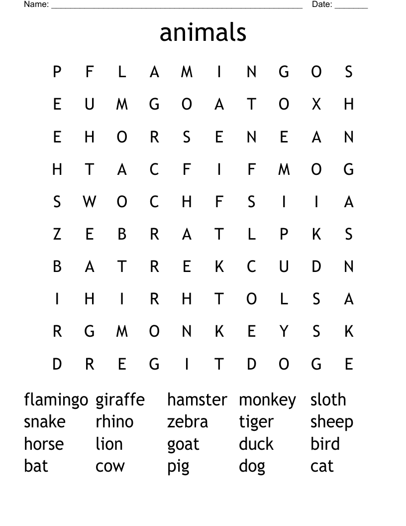 animals  Word Search
