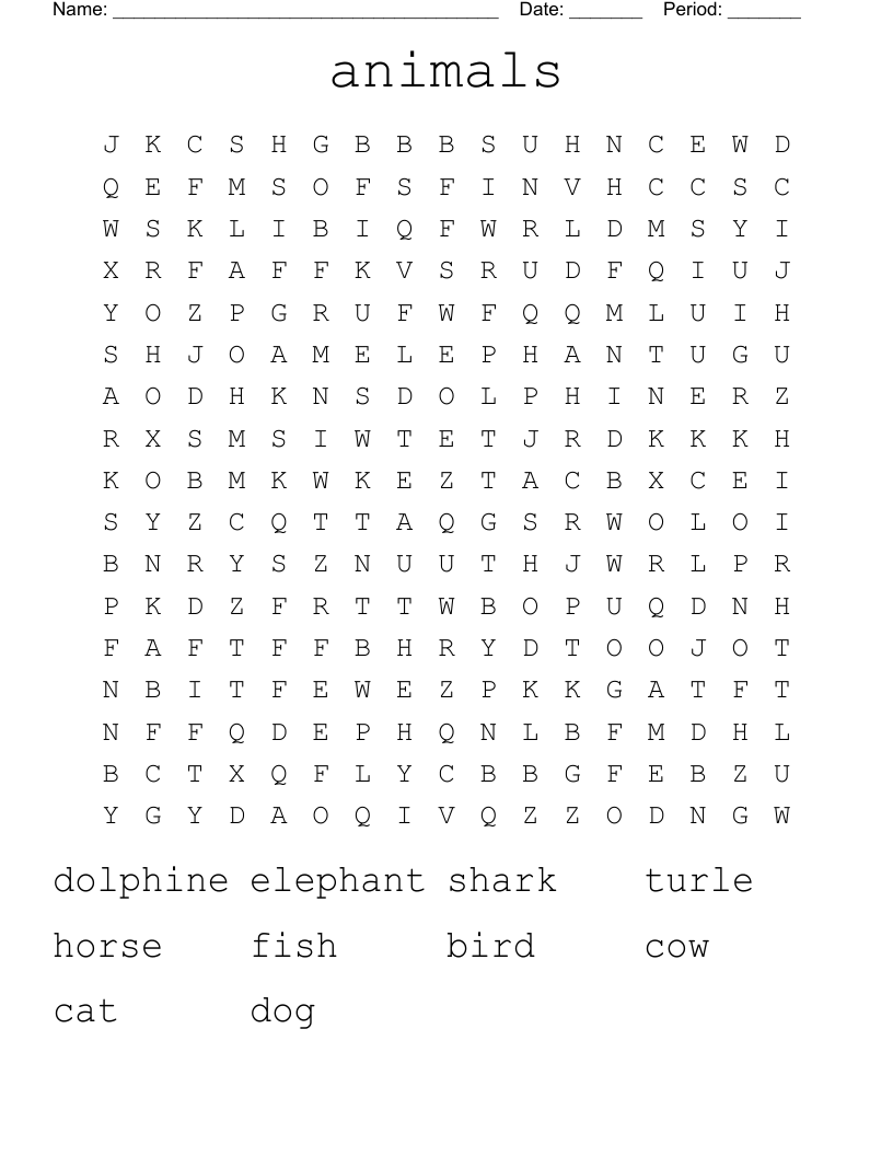 animals  Word Search