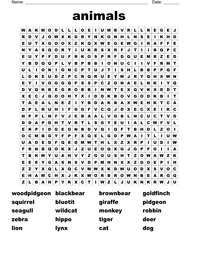 animals  Word Search