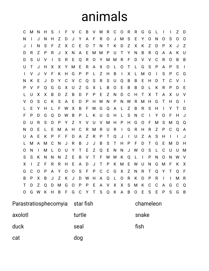 animals  Word Search