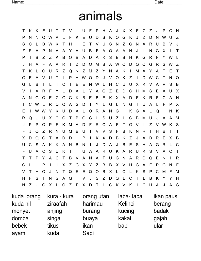 animals  Word Search