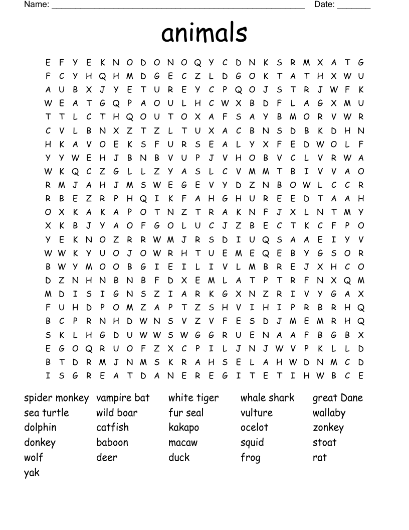 animals  Word Search